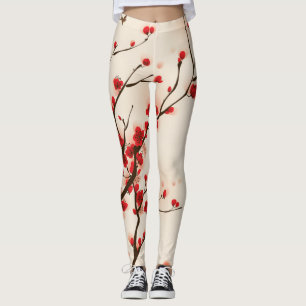 Beautiful Plum Blossom in Spring Watercolor Leggings