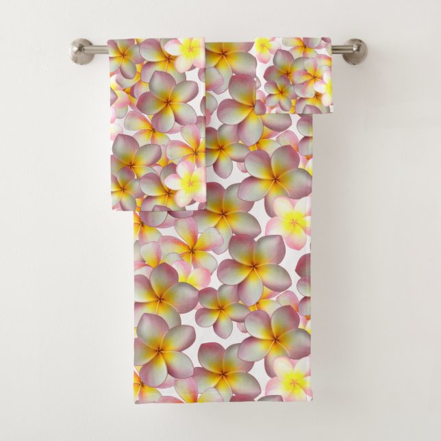 Beautiful Plumeria Flowers on White Bath Towel Set (Insitu)
