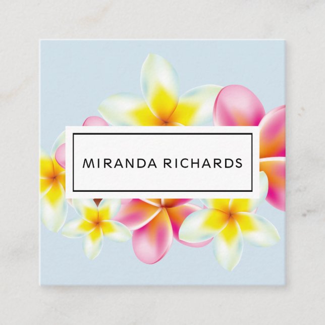 Beautiful Plumeria Flowers Tropical Accent Square Business Card (Front)
