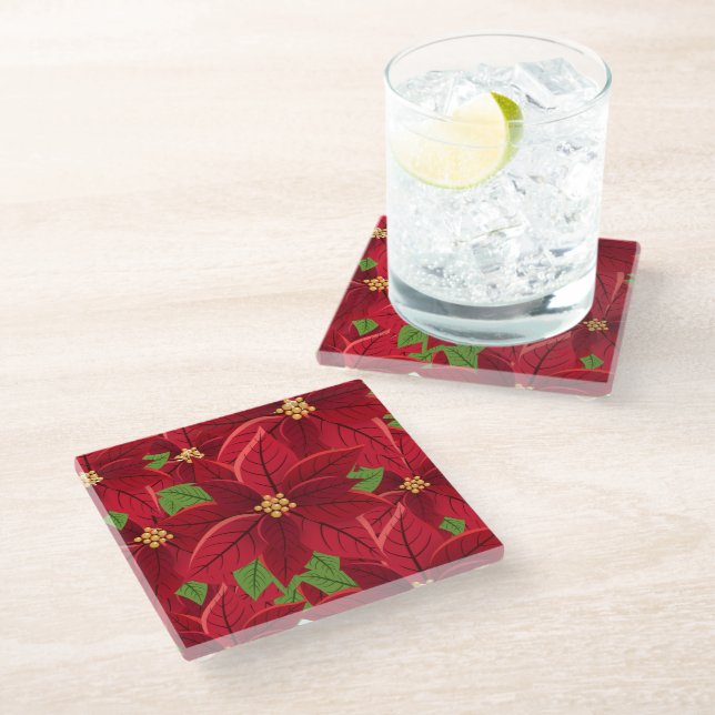 Beautiful Poinsettia Glass Coaster (Angled)