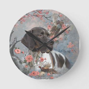 Beautiful pointer with pheasants   round clock