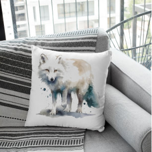 Beautiful polar fox in white and blue watercolor cushion