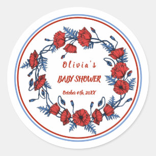 Beautiful Poppy Floral Personalised Baby Shower Classic Round Sticker