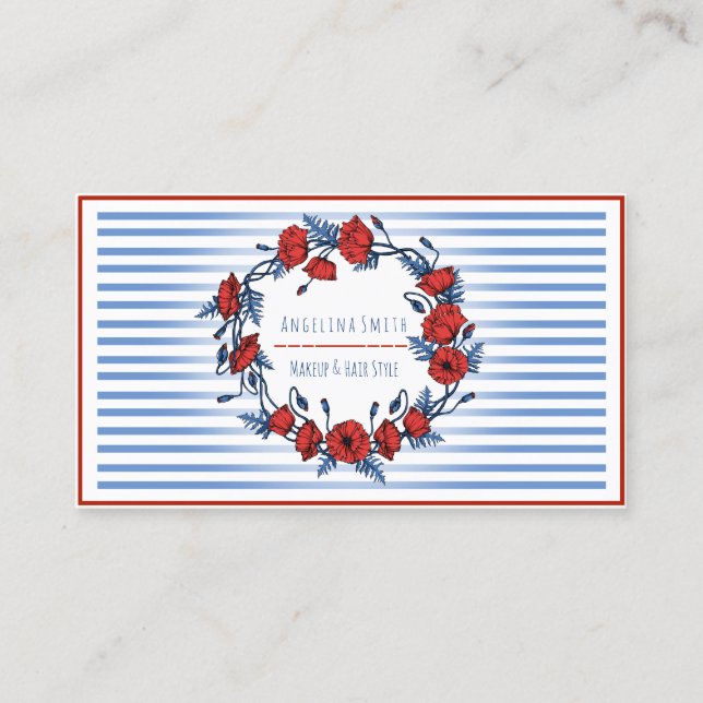 Beautiful Poppy Wreath Floral & Stripes Business Card (Front)