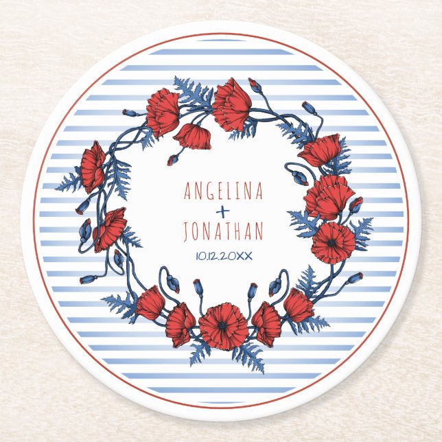 Beautiful Poppy Wreath Floral & Stripes Round Paper Coaster (Front)