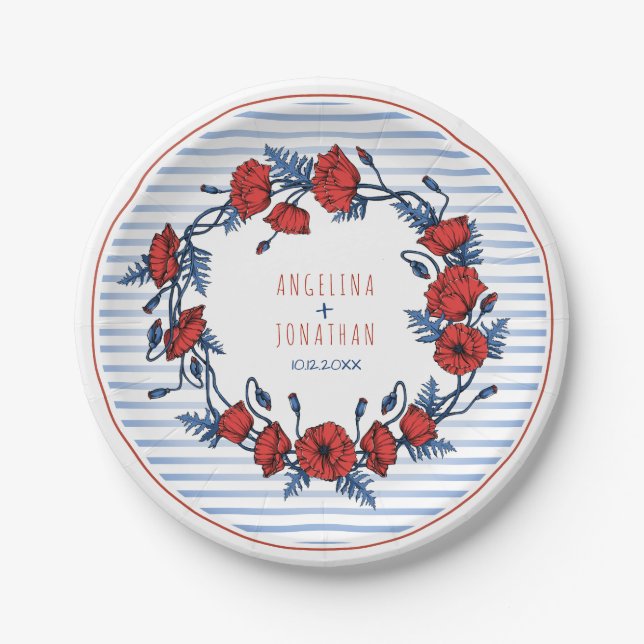 Beautiful Poppy Wreath Floral & Stripes Wedding Paper Plate (Front)