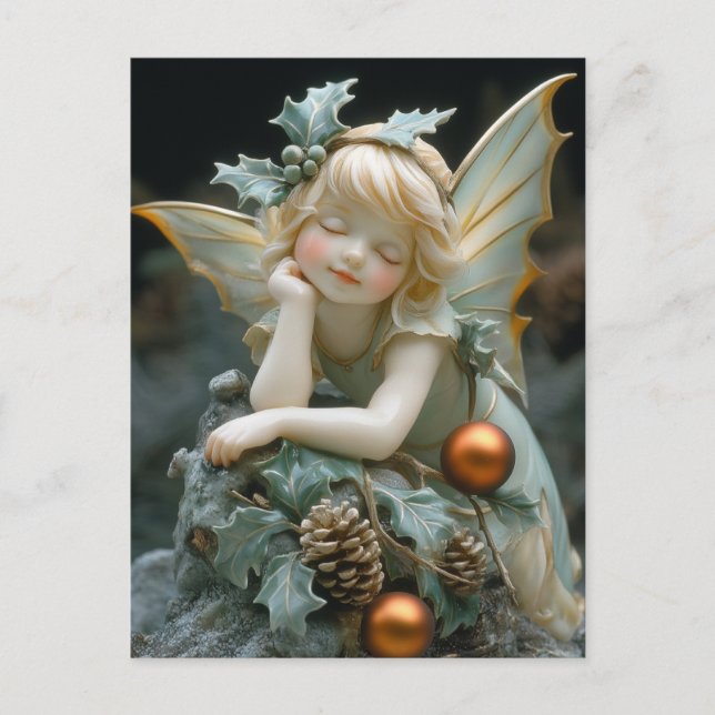 Beautiful Porcelain Fairy Holly Pinecones Ornament Postcard (Front)