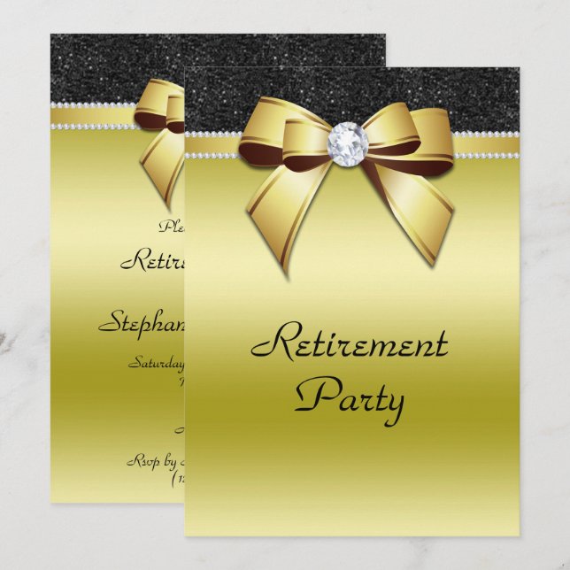 Beautiful Posh Gold & Black Jewel Retirement Invitation (Front/Back)