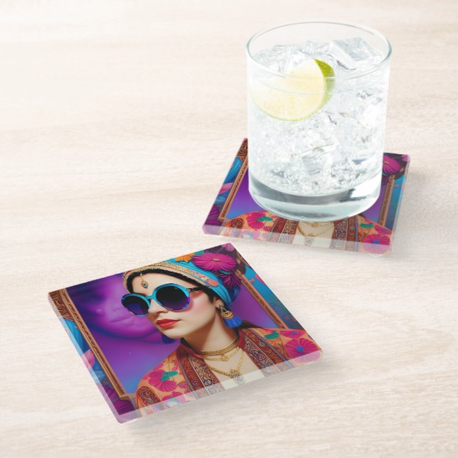 Beautiful princess with sunglasses glass coaster (Angled)
