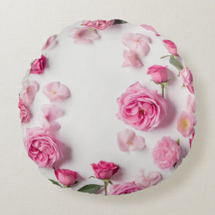 beautiful print with delicate pink flowers roses round cushion
