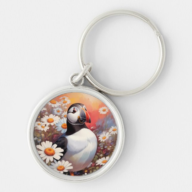 Beautiful Puffin In Daisy Field Key Ring (Front)