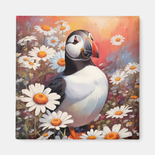 Beautiful Puffin In Daisy Field Magnet