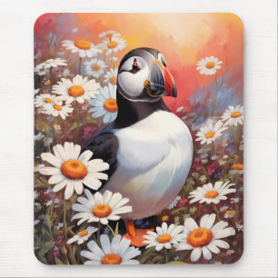 Beautiful Puffin In Daisy Field Mouse Mat
