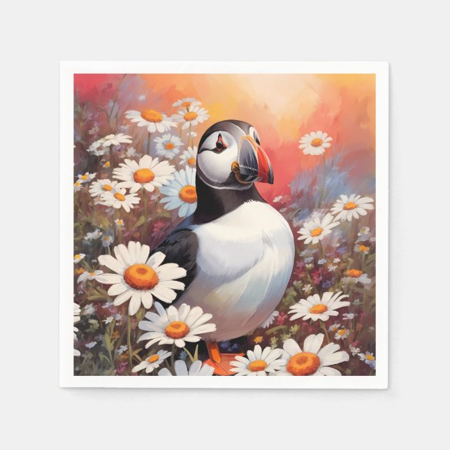Beautiful Puffin In Daisy Field Napkin (Front)