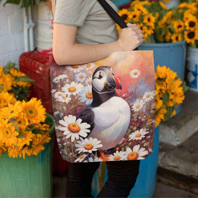 Beautiful Puffin In Daisy Field Tote Bag (Creator Uploaded)