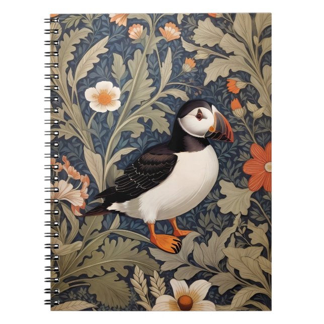 Beautiful Puffin William Morris Inspired Notebook (Front)