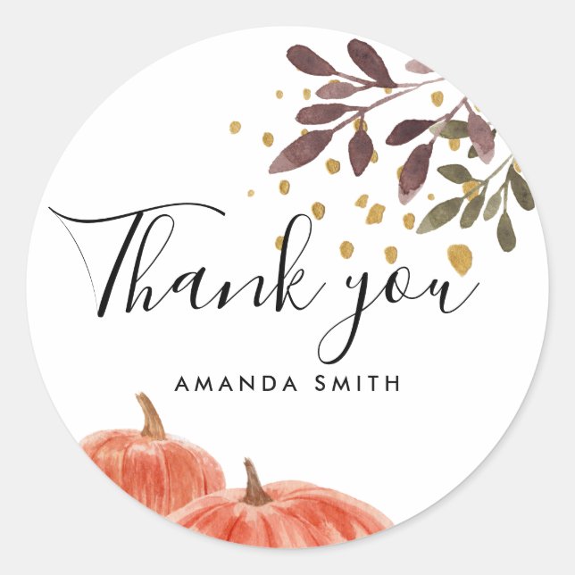 Beautiful Pumpkin and Branches Thank You  Classic Round Sticker (Front)