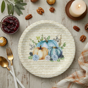 Beautiful Pumpkin Blue Thanksgiving Watercolor Paper Plate