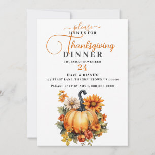 Beautiful Pumpkin & Fall Flowers Thanksgiving  Invitation