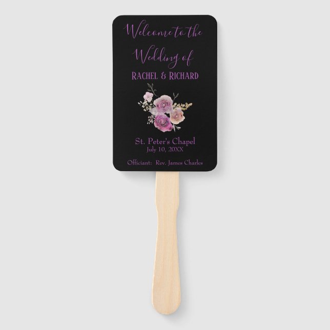Beautiful purple and black wedding program hand fan (Front)