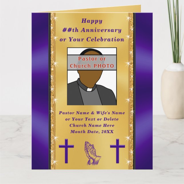 Beautiful Purple and Gold Pastor Anniversary Cards (Front)