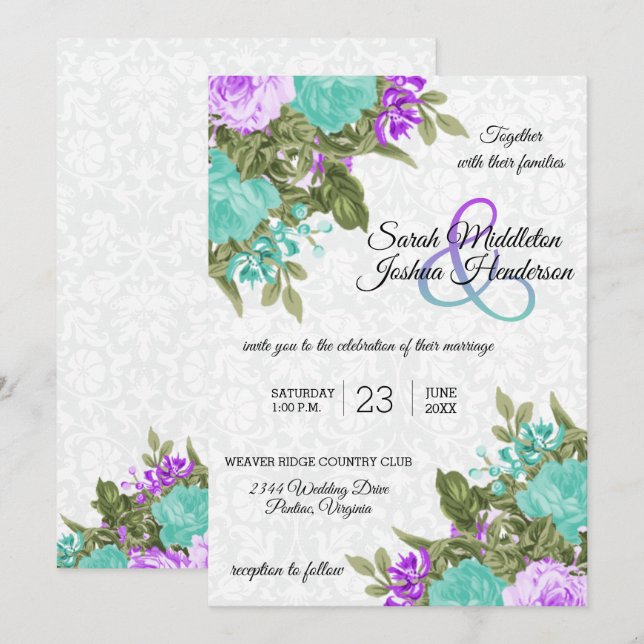 Beautiful Purple and Teal Flower Wedding Invitation (Front/Back)