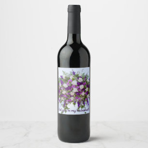 Beautiful Purple and White Flowers Bridesmaid Wine Label