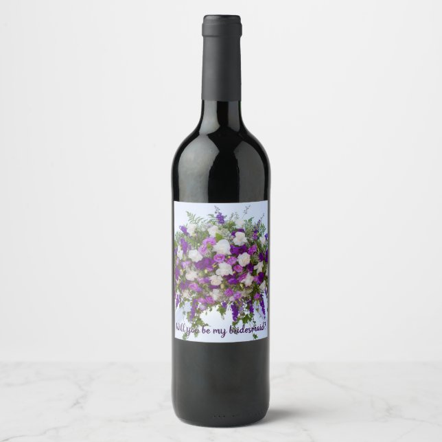 Beautiful Purple and White Flowers Bridesmaid Wine Wine Label (Front)