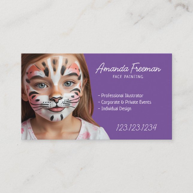 Beautiful Purple and White Kids Face Painting Business Card (Front)