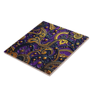 Beautiful Purple Black Gold Floral Abstract Tile