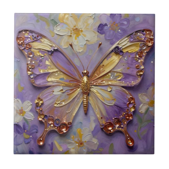 Beautiful Purple Butterfly and Flowers Tile (Front)
