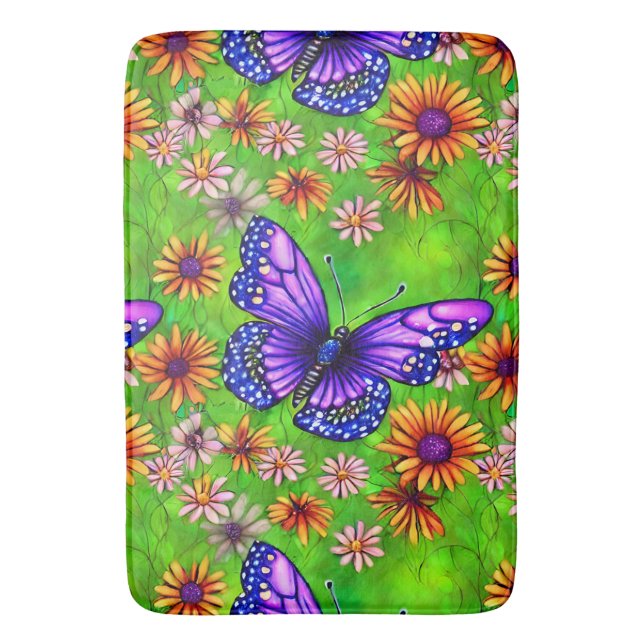 Beautiful Purple Butterfly Flower Meadow Bath Mat (Front Vertical)
