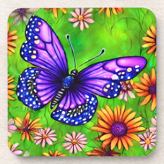 Beautiful Purple Butterfly Flower Meadow Coaster (Front)