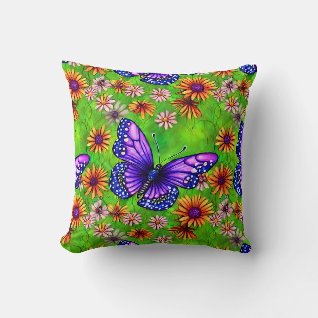 Beautiful Purple Butterfly Flower Meadow Cushion (Front)