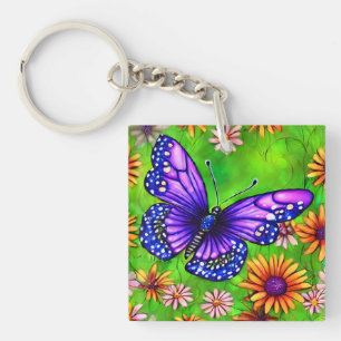 Beautiful Purple Butterfly Flower Meadow Key Ring