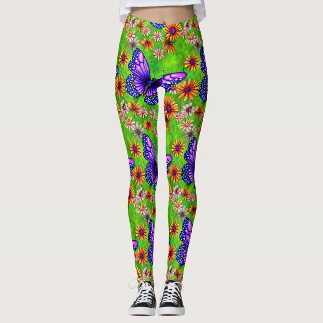 Beautiful Purple Butterfly Flower Meadow Leggings (Front)