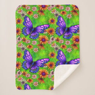 Beautiful Purple Butterfly Flower Meadow Sherpa Blanket
