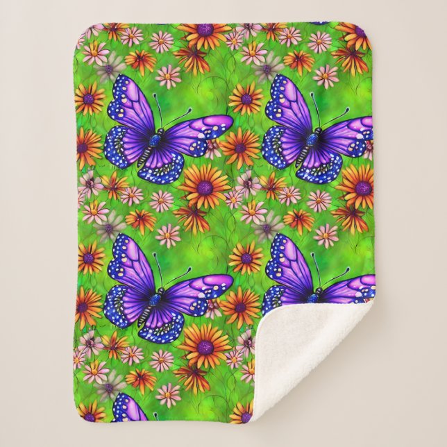 Beautiful Purple Butterfly Flower Meadow Sherpa Blanket (Front)