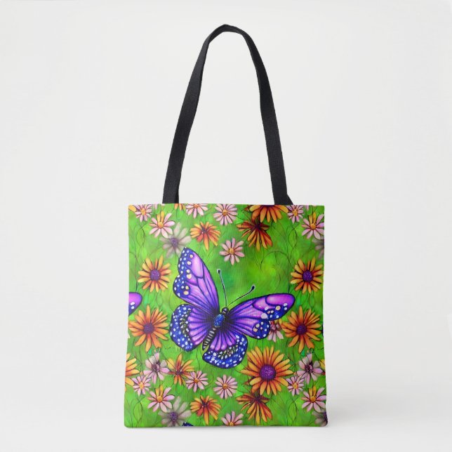 Beautiful Purple Butterfly Flower Meadow Tote Bag (Front)