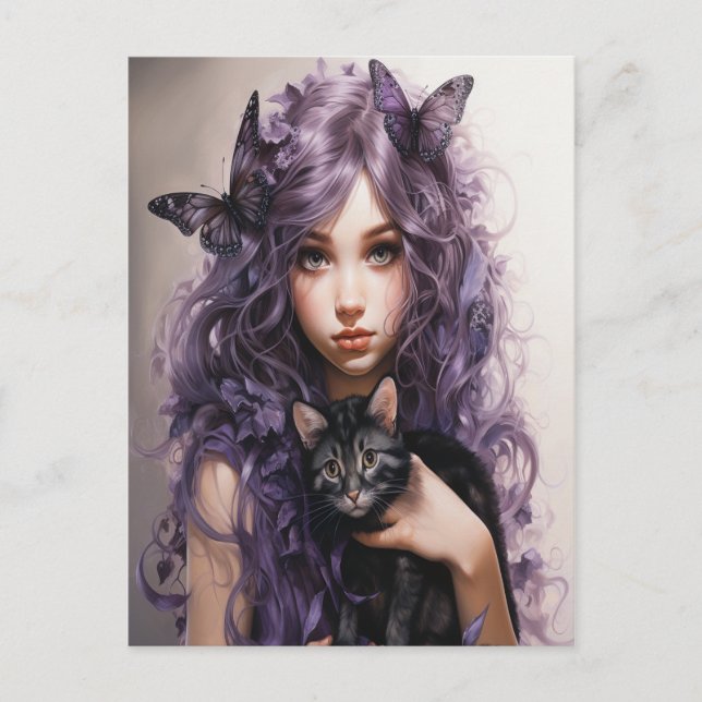 Beautiful Purple Fairy Butterflies Black Cat Postcard (Front)