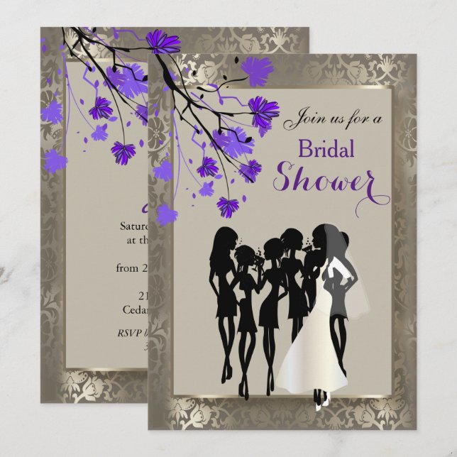 Beautiful Purple Floral & Antique Silver Damask Invitation (Front/Back)