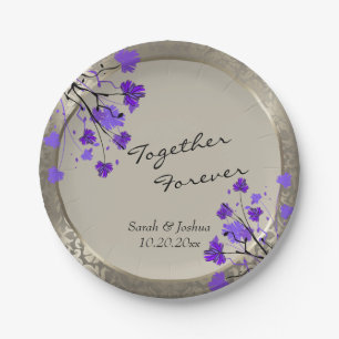 Beautiful Purple Floral & Antique Silver Damask Paper Plate