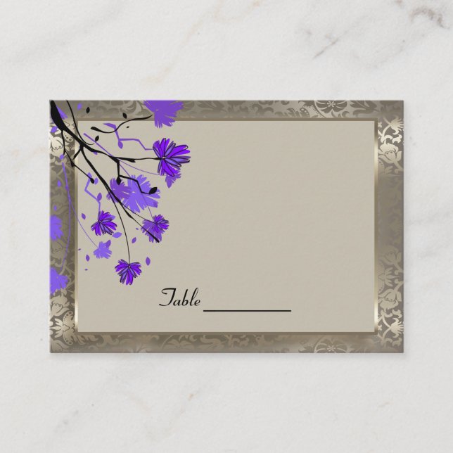 Beautiful Purple Floral & Antique Silver Damask Place Card (Front)