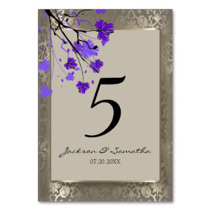 Beautiful Purple Floral & Antique Silver Damask Table Number