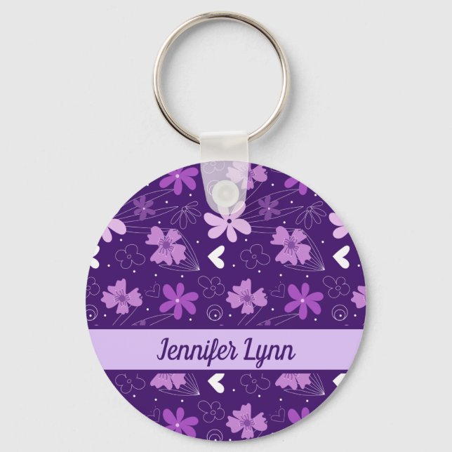 Beautiful Purple Floral Girly Custom Key Ring (Front)