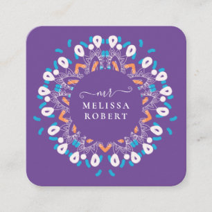 Beautiful Purple Floral Mandala Marble Monogrammed Square Business Card