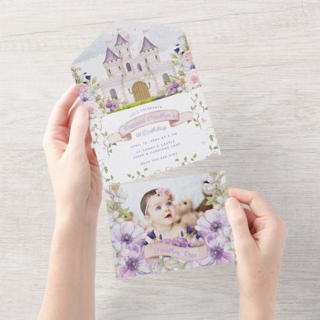 Beautiful Purple Floral Princess First Birthday All In One Invitation (Tearaway)