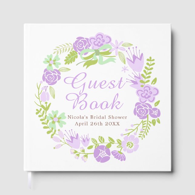 Beautiful Purple Floral Wreath Bridal Shower Guest Book (Front)