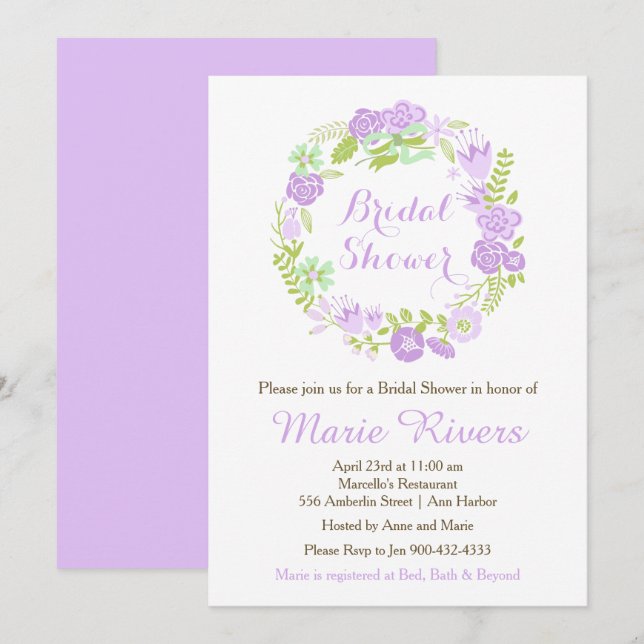 Beautiful Purple Floral Wreath Bridal Shower Invitation (Front/Back)