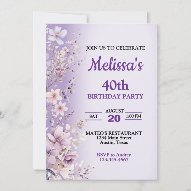 Beautiful Purple Flowers Birthday Party Invitation (Front)